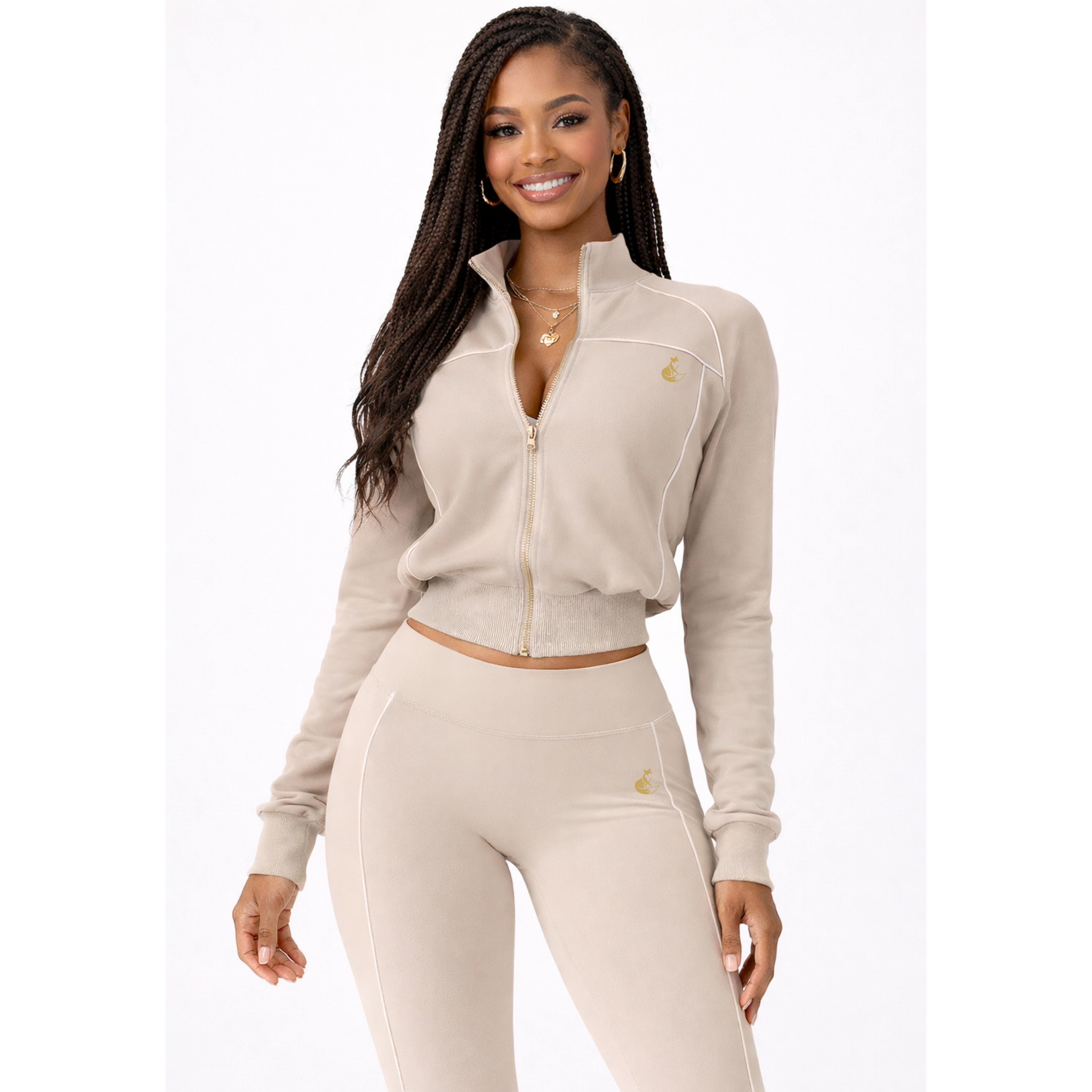 Halo Vixen Luxe Sandstone Track Set – Women’s Premium Jacket & High-Waist Legging Set (Wholesale)